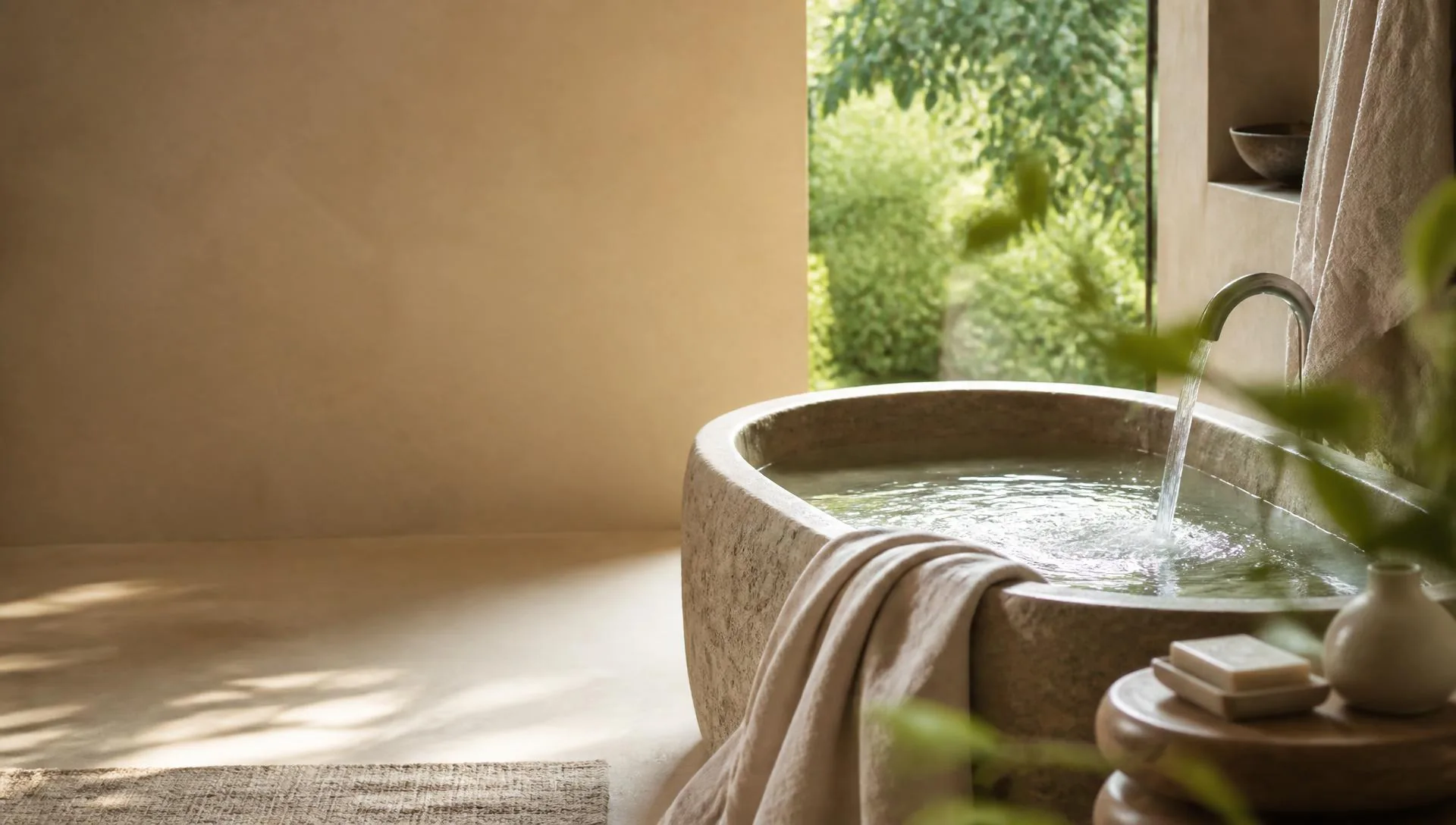 Bagno luminoso con acqua corrente, atmosfera di benessere naturale